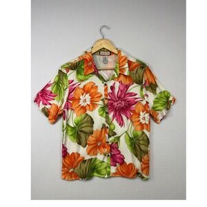Tropical Aloha Jamaica Bay Womens Large Multicolor Floral Rayon Button Up Shirt